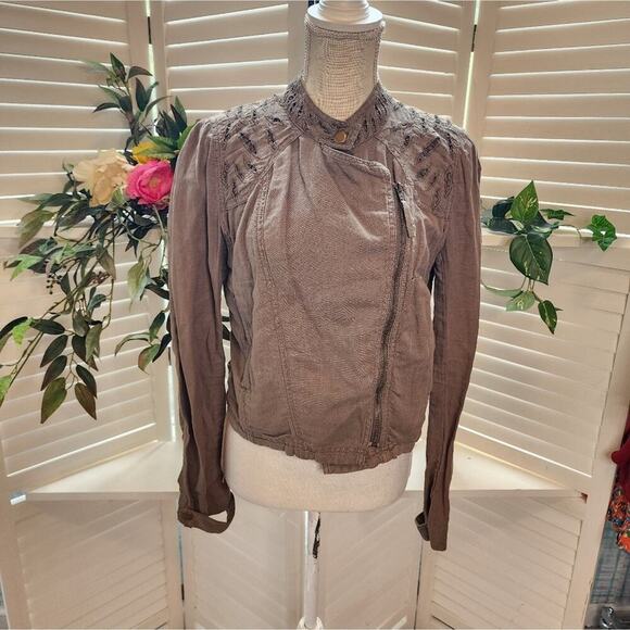 FREE PEOPLE OLIVE GREEN MOTO JACKET SIZE 10 - Picture 3 of 8